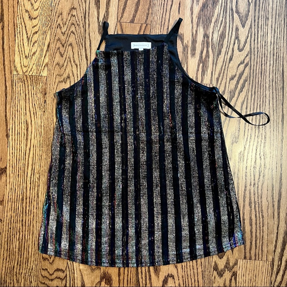 Warehouse high neck cami top in metallic stripe  (US 4)